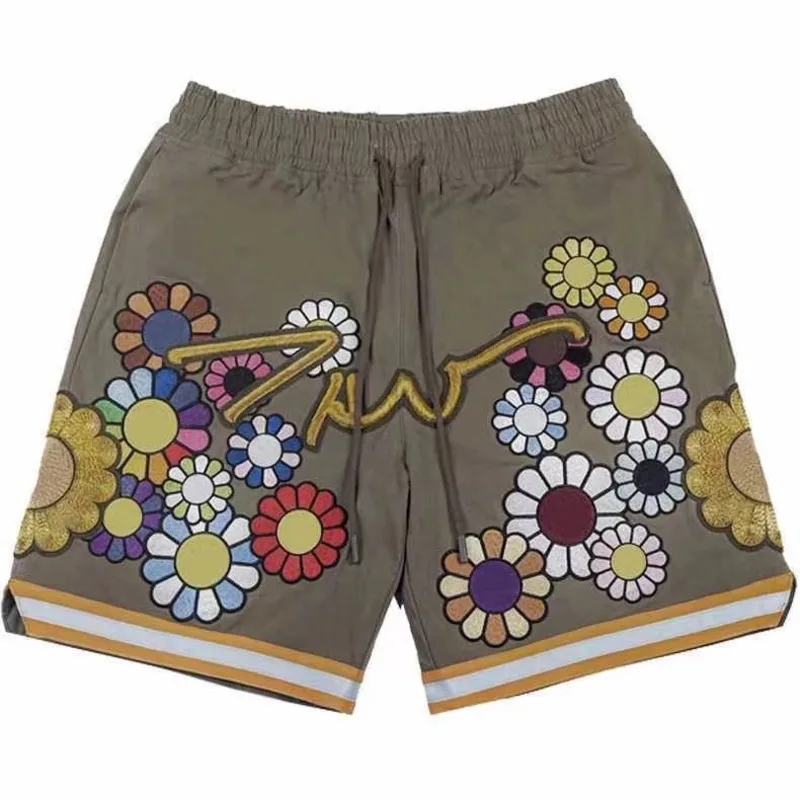 

Japanese Smile Face Flower Embroidered Shorts For Men Fashion Sunflower Shorts Women Summer Causal Anime Shorts Beach Y2k Shorts