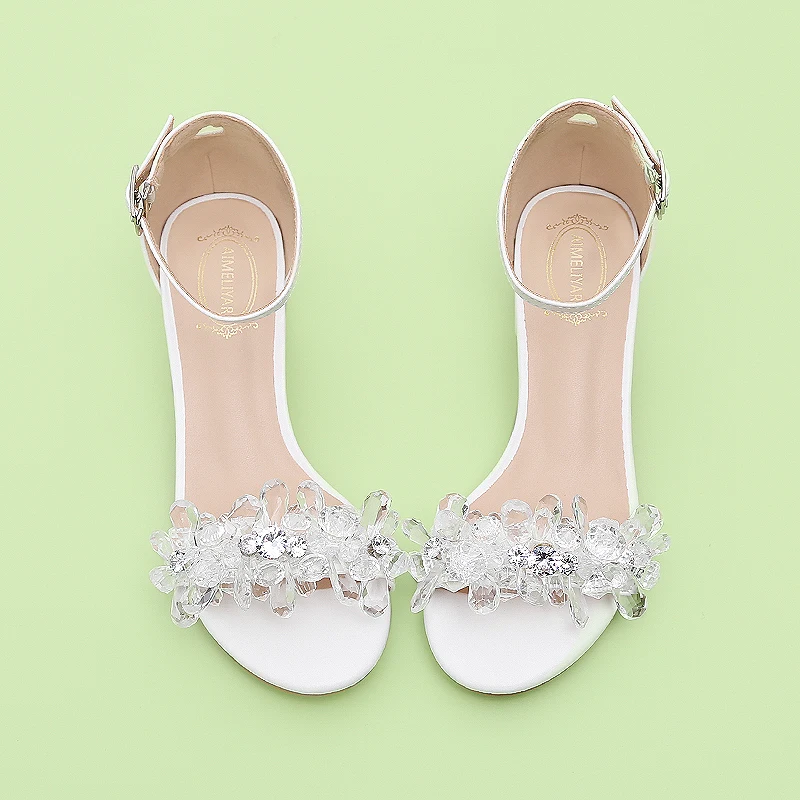 

Summer New Student Thick Heel Crystal Open Toe Low Heeled Women's Sandals Commuting Fresh Daily One Line Buckle Girls' Shoes
