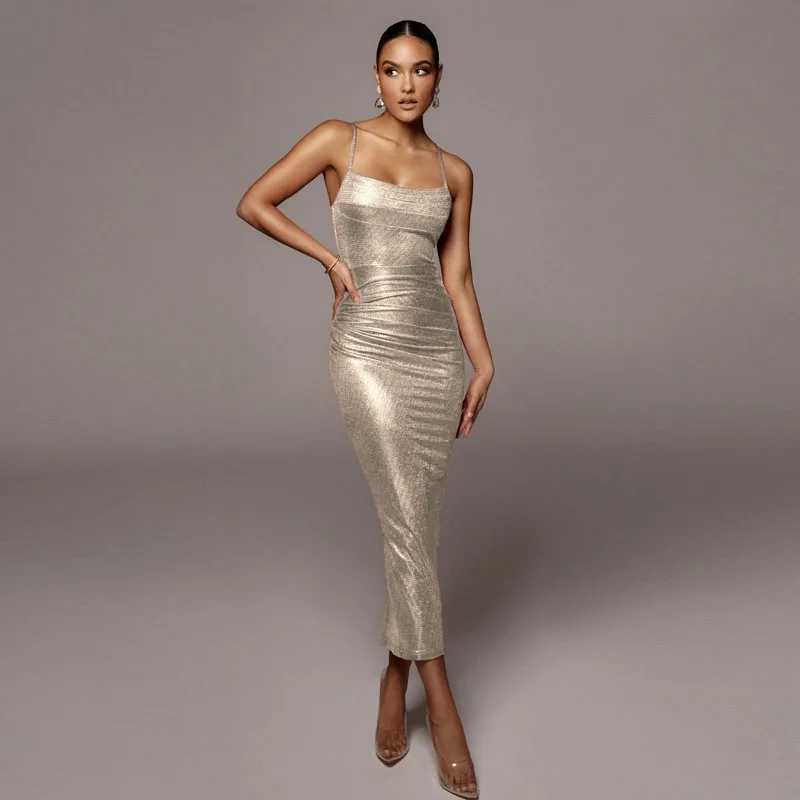 

Elegant Slim Midi Dress 2022 Women Sexy Sling Backless Pleated Dress Summer Sleeveless Club Party Beach Dress Back split Grown