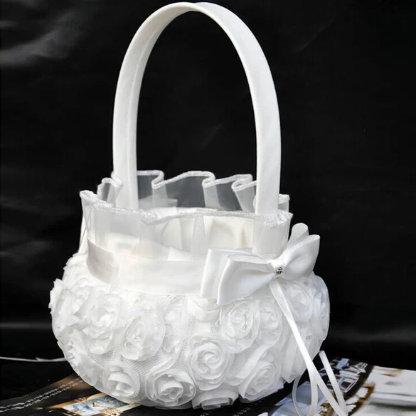 White Ivory Bow Wedding Blower Basket Ceremony Festive Party Love Case Satin Flower Girl for Supplies | Дом и сад