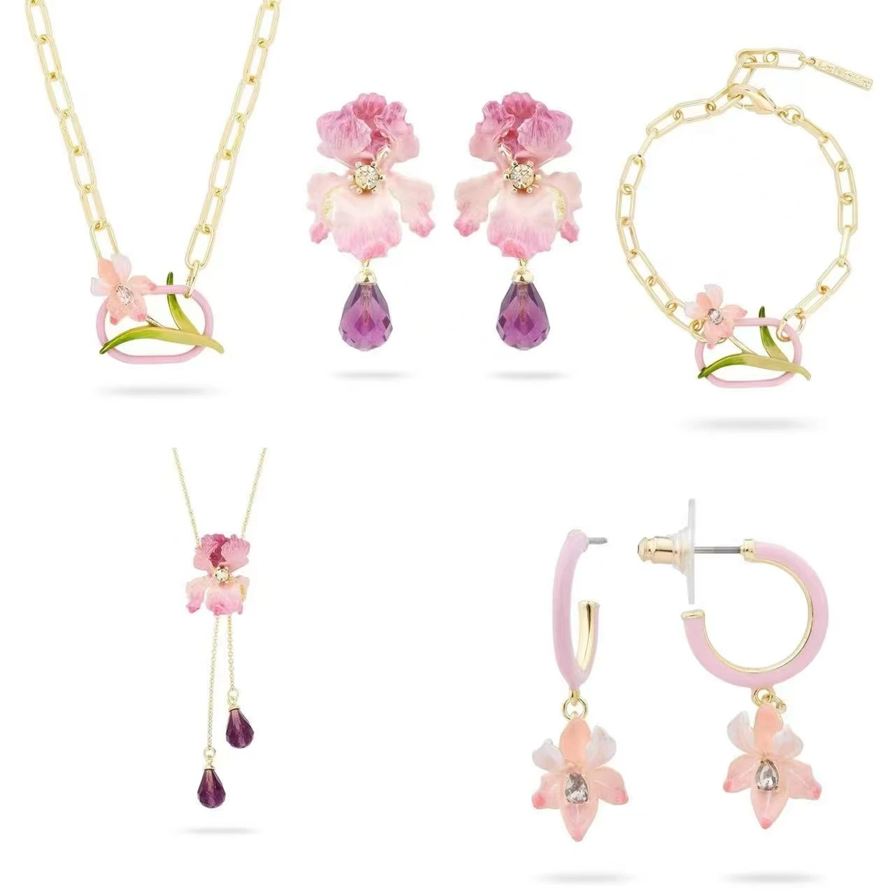 

Европейский и американский комплект ручной работы из ожерелья и браслета с эмалью, новинка весны и лета, серьги с розовым цветком и кристаллами