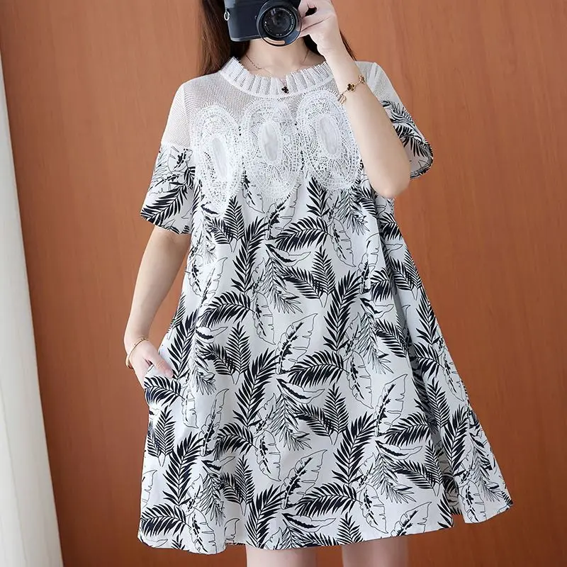 

Mori Girl Style Plant Printed Gauze Patchwork Midi Dress 2023 Women's Clothing Short Sleeve Summer Elegant Lace Straight Dresses