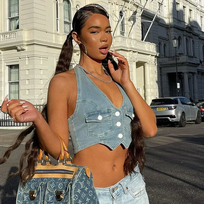

Women's Clothing 2022 Spring Summer New Sleeveless Halter Backless Double Pocket Cropped Denim Top Tank Sexy