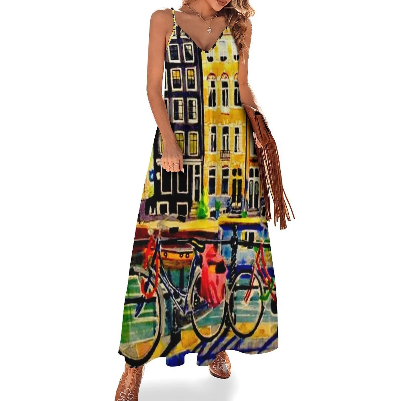 AMSTERDAM: винтажное длинное платье без рукавов с принтом для велосипедных
