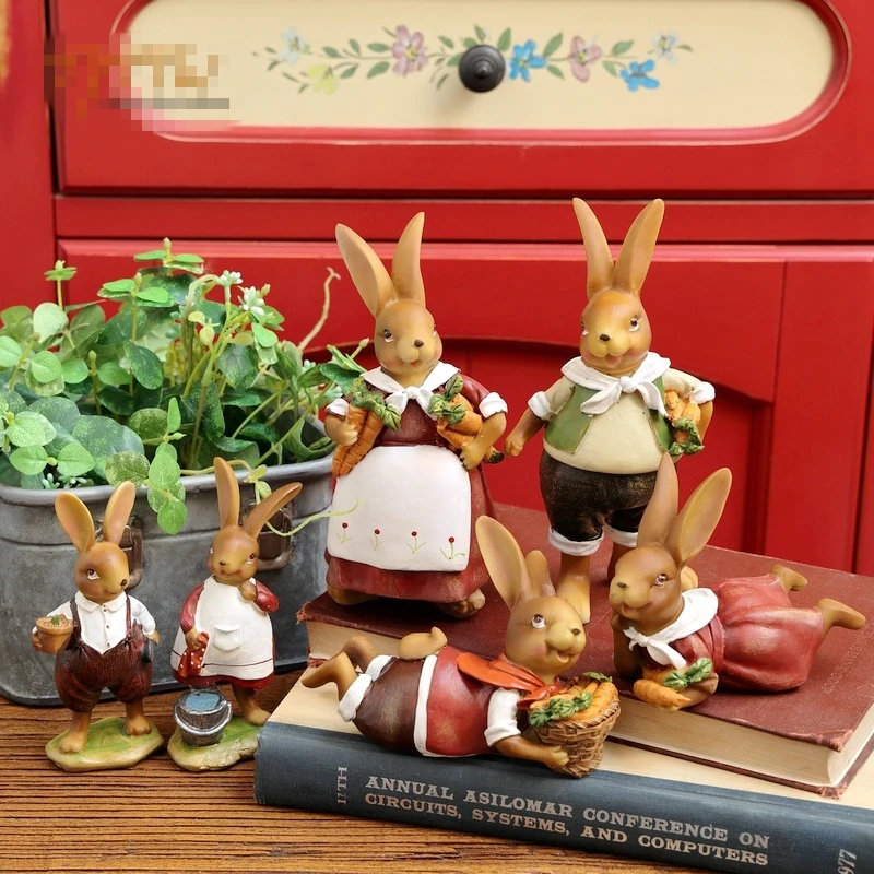 

2Pcs Pastoral red labor rabbits couple ornaments cute desktop decoration creative Easter bunny balcony living room furnishings