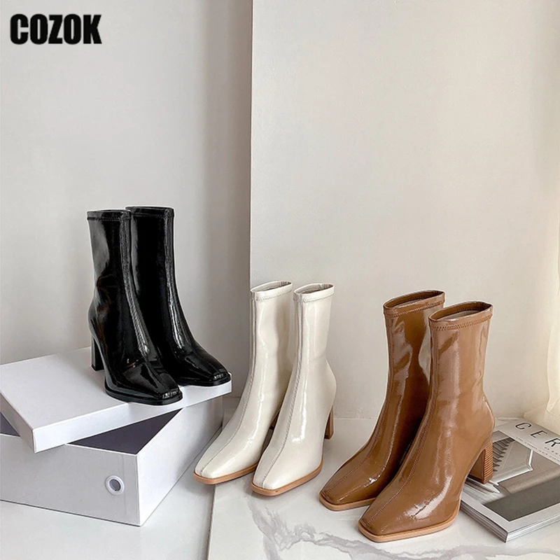 

Женские ботильоны на молнии, простые однотонные ботинки с квадратным носком, на толстом каблуке, 2023