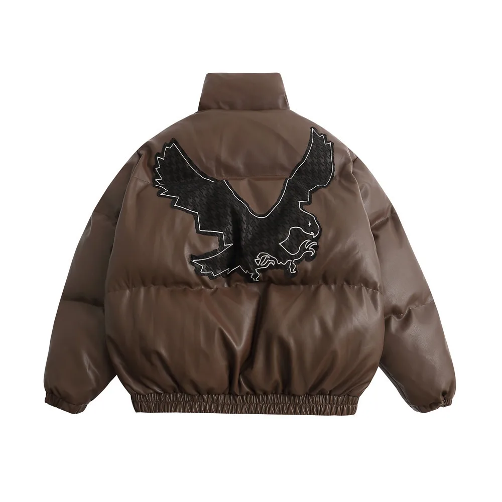 Tide Brand Eagle Patch Embroidered Pu Leather Padded Jacket Mens Winter Thicken Warm Letter Stand Collar Zipper Parka Streetwear