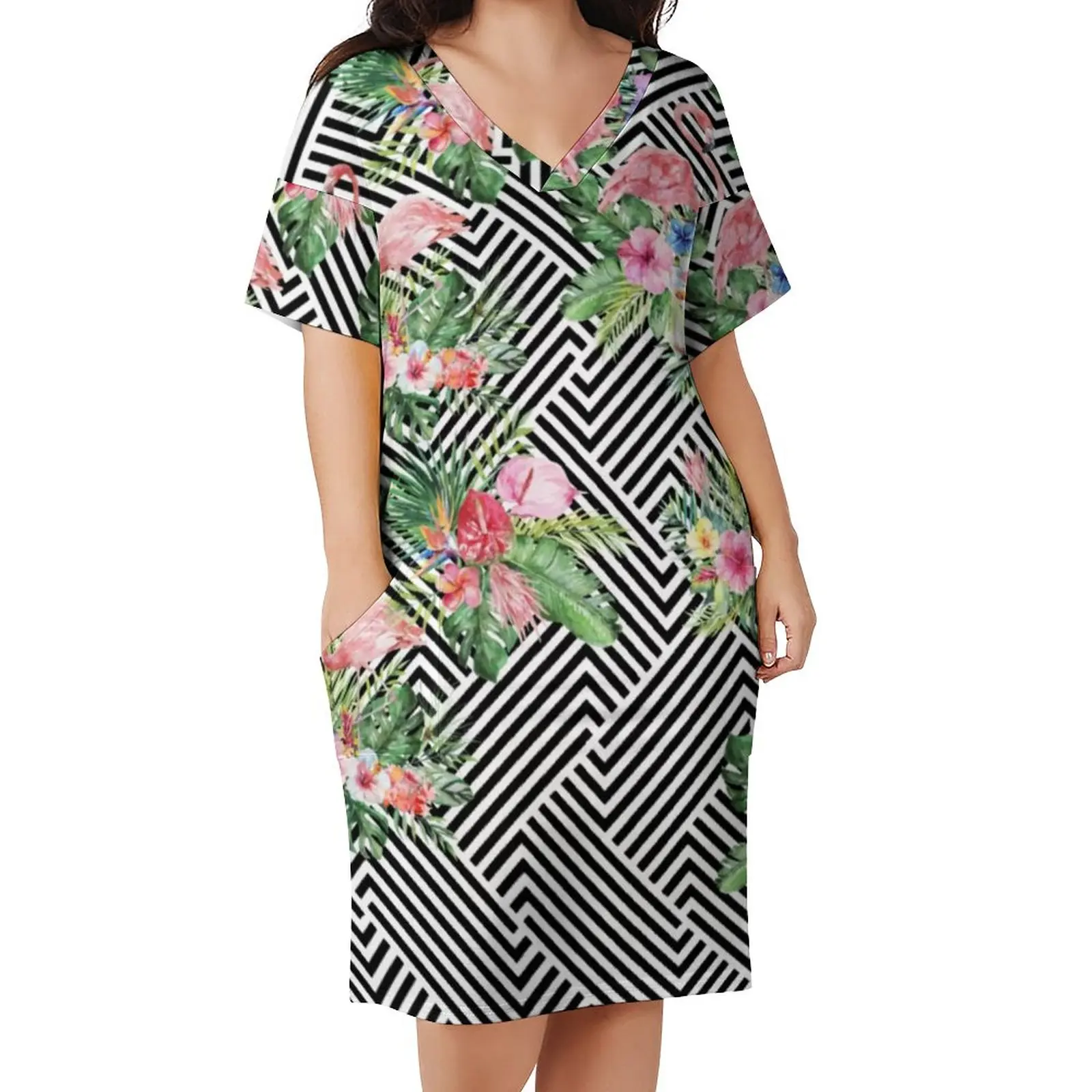 Tropical Flamingo Dress V Neck Geometric Floral Print Cute Dresses Female Aesthetic Casual Dress With Pockets Plus Size 4XL 5XL