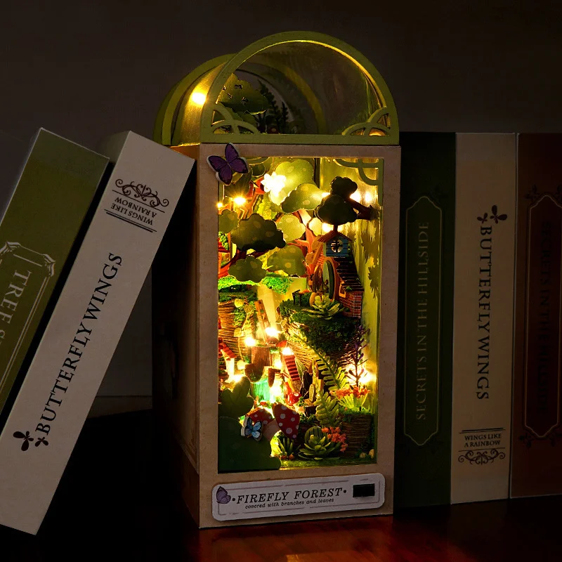 

Creative DIY Wooden Book Nook Shelf Insert Miniature Kits Firefly Forest Bookshelf Home Bookend Decor For Adult Handmade Gifts
