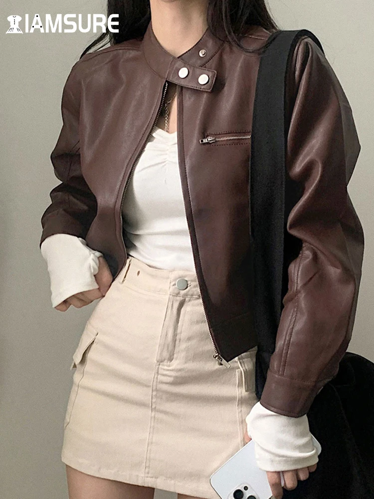 

IAMSURE Casual Solid Pu Leather Jackets Locomotive Style Basic Zipper Long Sleeve Coats Women 2023 Autumn Winter Streetwear Lady