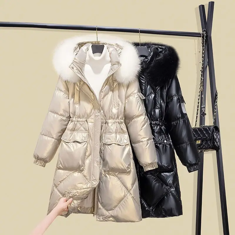 

2022 White Eiderdown Down Jacket for Women Winter Thickened Medium Length Loose Large Hair Collar Hooded Coat for Women