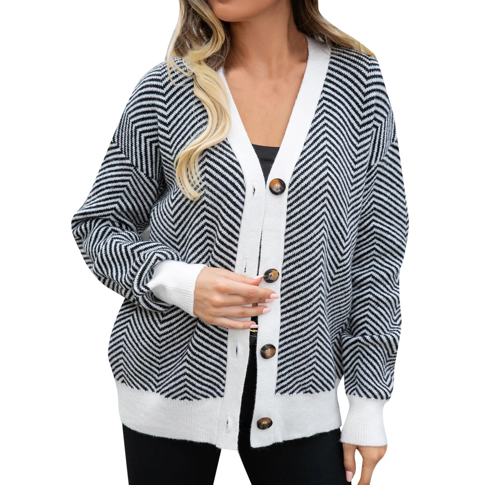 

Women Stripe Prints Buttons Cardigan Sweater V Neck Long Sleeves Color Block Knitted Top Ladies Loose Fashion Winter Warm Coats