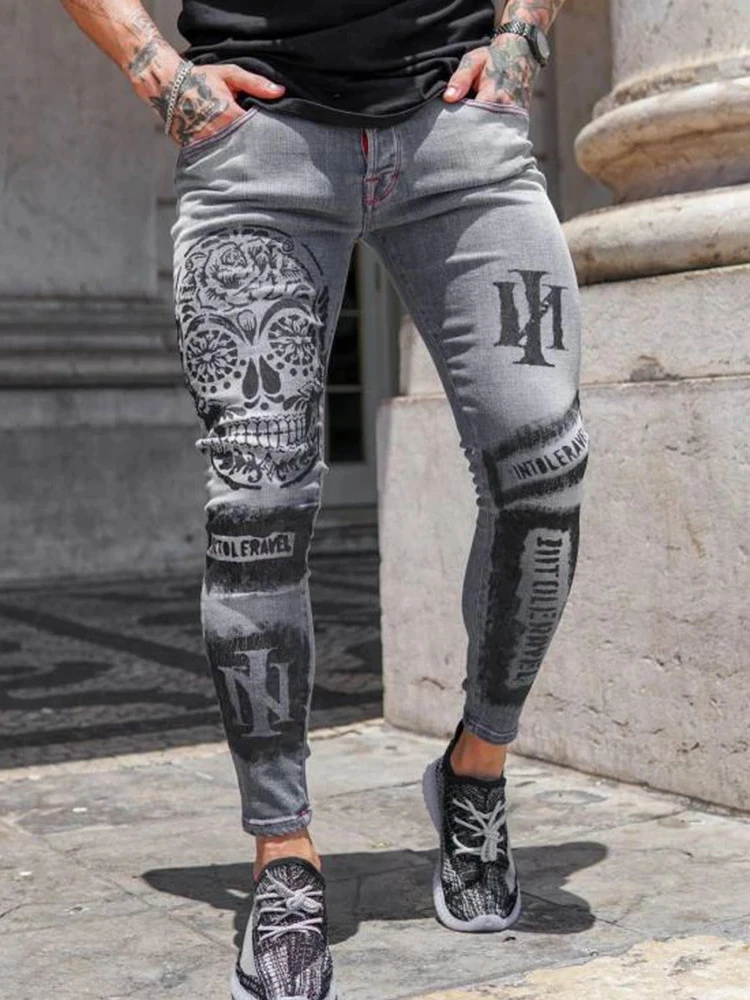 Men Skull Jeans Hip Hop Pants sping Letter Printed Gray Skinny elasticity Pencil Jeans homme Causal  grey Denim Pants Streetwear