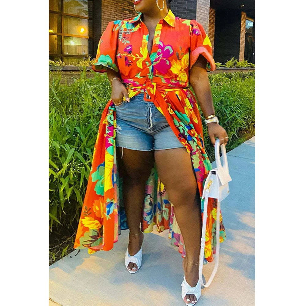 

Women's Blouse Flower Print Retro Single Breasted Blouse With Belt Fashionable Commuter Ladies Top Summer 2022 New