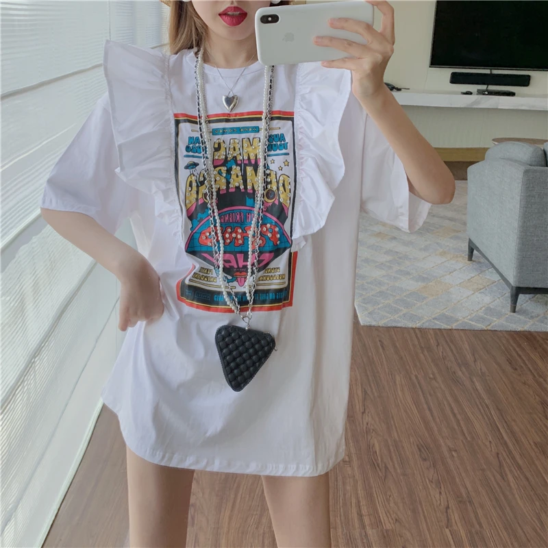 

Girls Kawaii Y2k Tops Harajuku Black White Tshirt Cotton Loose 4XL Cute Splitted Ruffles Vintage Letter Print T Shirts for Woman