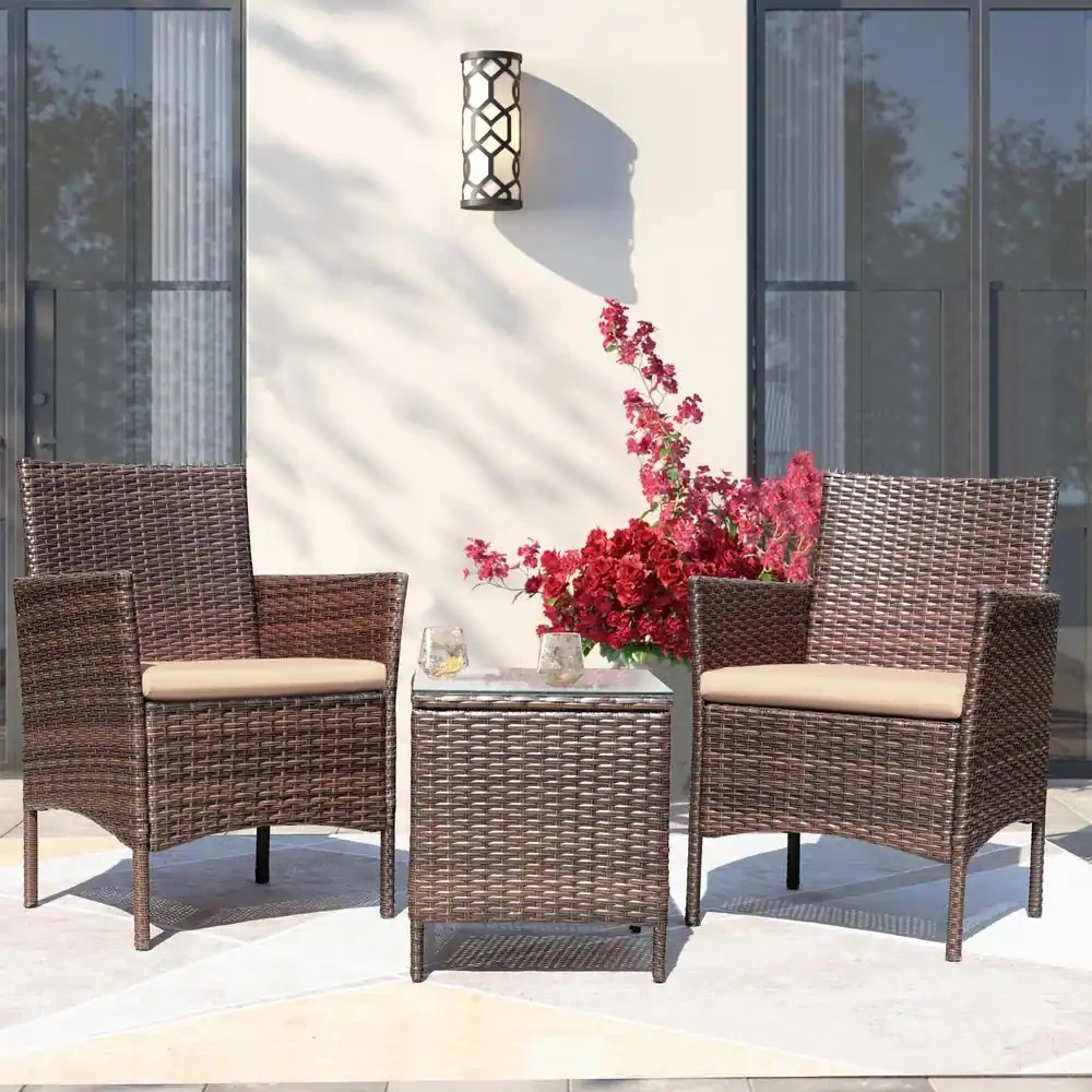 

Tozey Brown 3-Pieces Patio Furniture PE Rattan Outdoor Conversation Set w/Table Backyard Garden Set with Beige Cushion