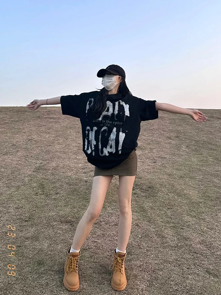 Plus Size American vintage Trendy Brand Graffiti Letters Print Short sleeve T-shirt Women Summer New Street Loose All-Matchin... |