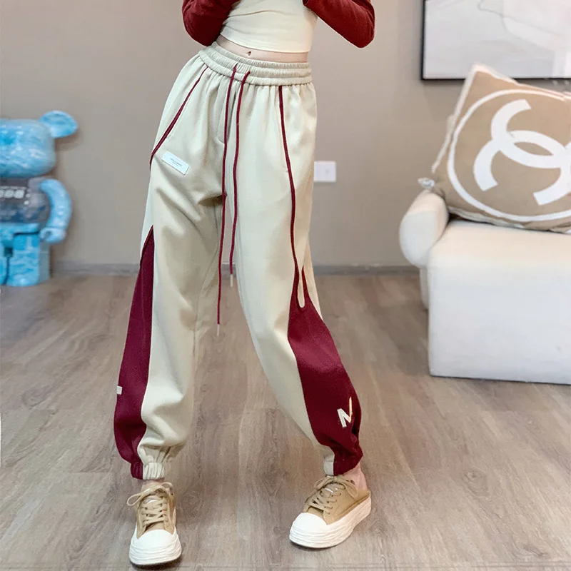 Women's Contrasting Color Sports Suit Two-piece Slim Long Sleeved Sweatshirt Loose Sweatpants Stylish Casual Sportswear