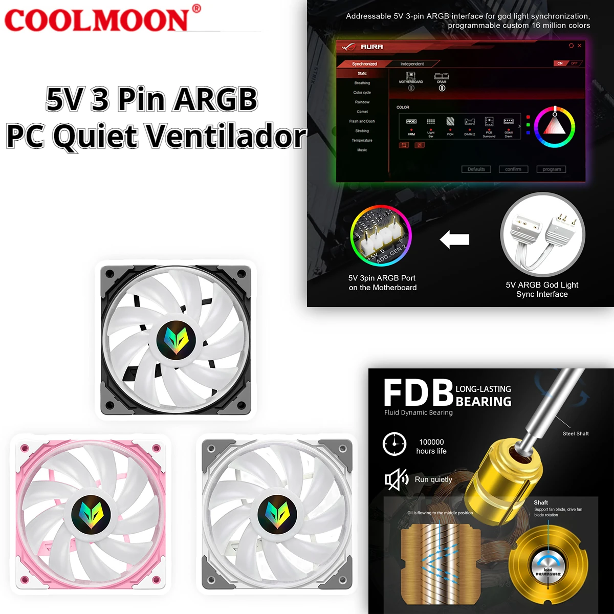 

COOLMOON Cooler 5V 3 Pin ARGB PC Quiet Ventilador FDB Bearing Temperature-controlled 120mm PWM Cooling Fan Silent Radiator