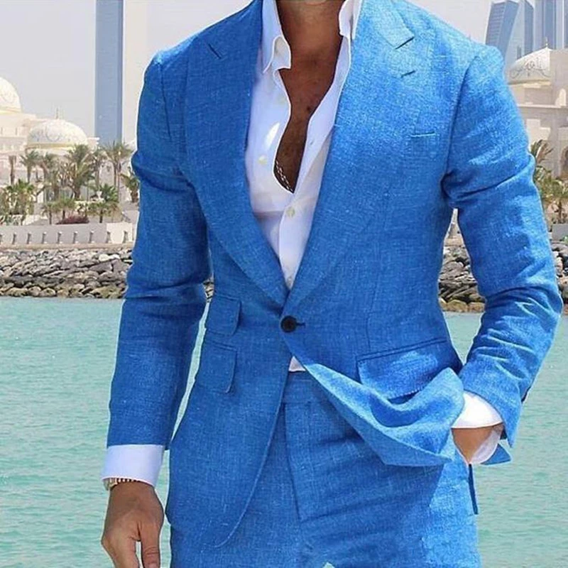 

Suits Blue Linen Peaked Lapel One Button Wedding Tuxedos Summer Beach Costume Groom Wear Formal Best Man Blazer (Jacket+Pants)
