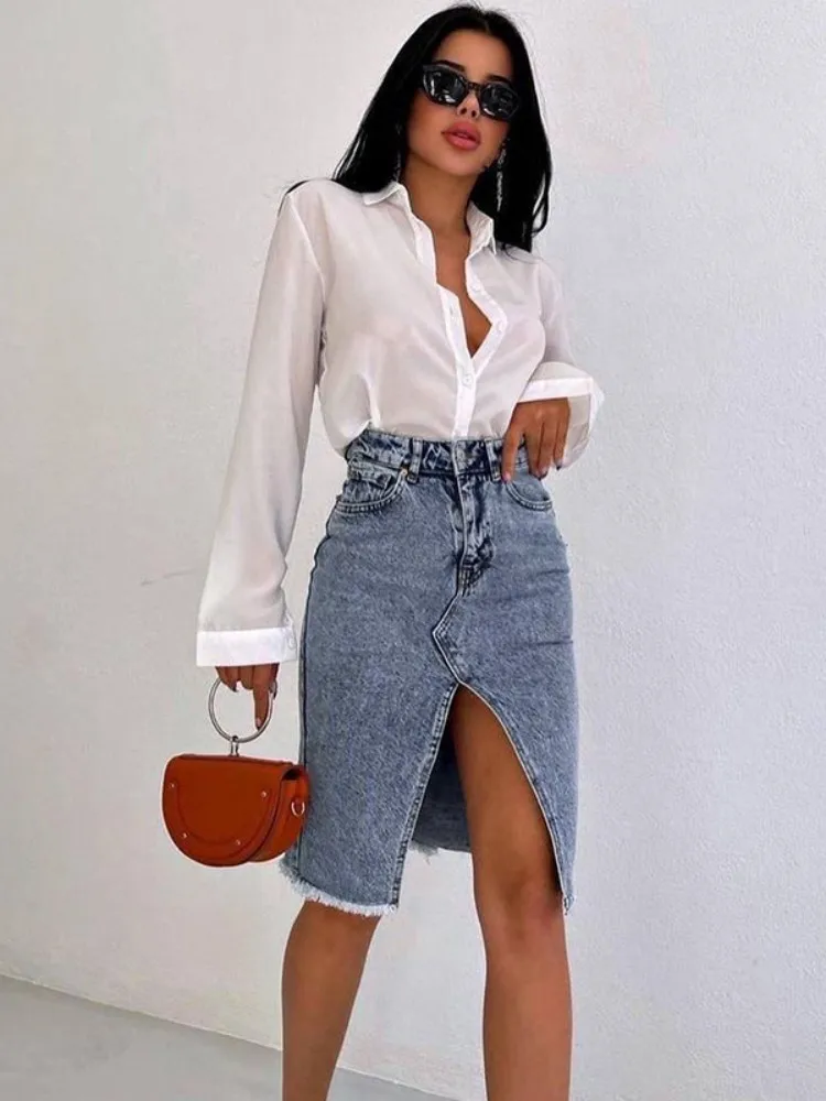 

Front Split Jean Skirts For Women Y2k Clothes High Waisted Falda Sexy Mujer Fashion Streetwear Pockets Asymmetrical Mini Skirt