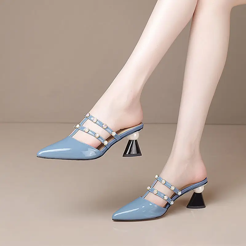 

NEW Patent Leather Pointed Rhinestone String Bead Women Slippers Breathable Comfort High Heels Baotou Wearable Zapatos Mujer