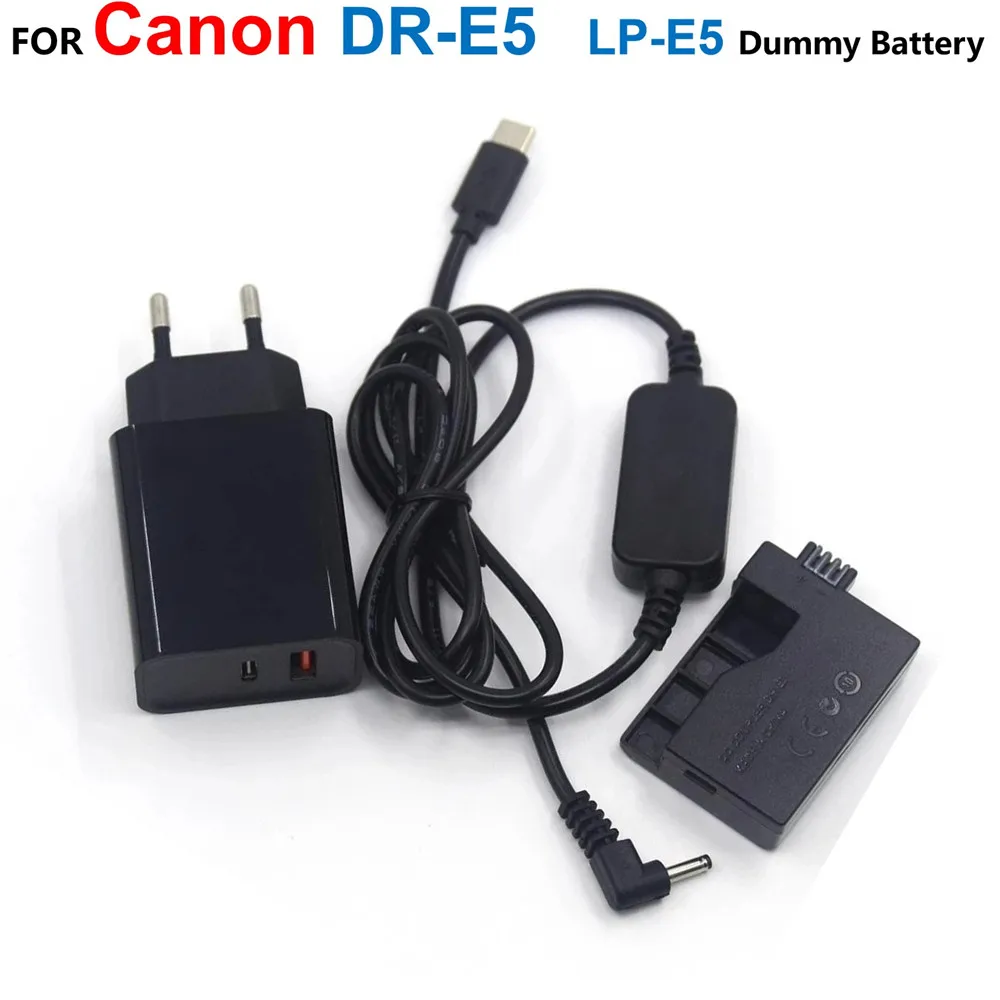 

DR-E5 DC Coupler LP-E5 Dummy Battery+USB Type-C Power Bank Cable+PD Charger Adapter For Canon EOS 450D 500D 1000D XS XSi T1i