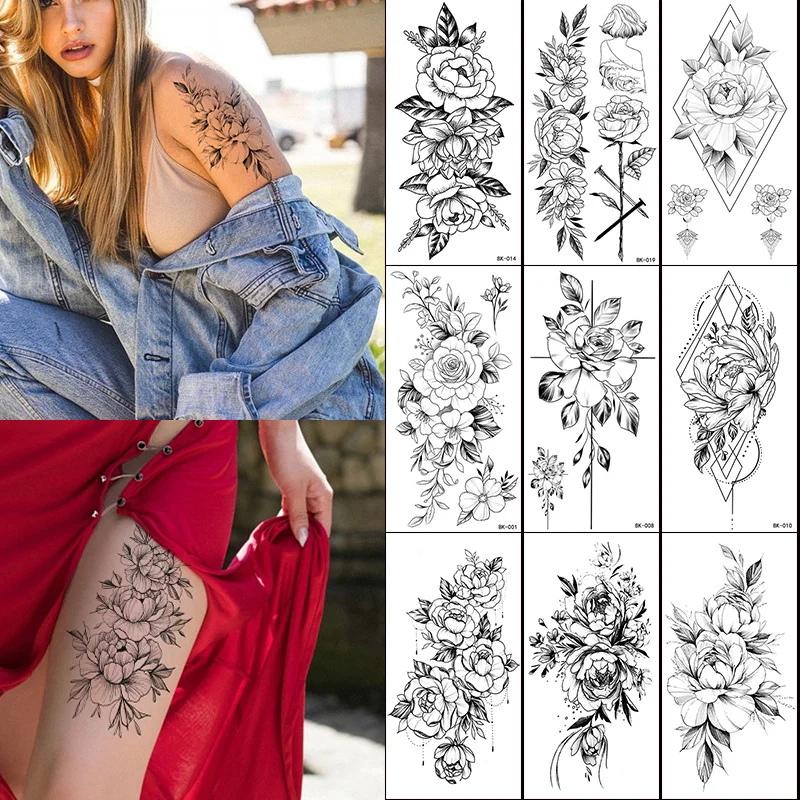 Sketch Sexy Flower Temporary Tattoo Women Body Art Painting Arm Leg Tattoo Sticker Realistic Fake Black Rose Waterproof Tattoo