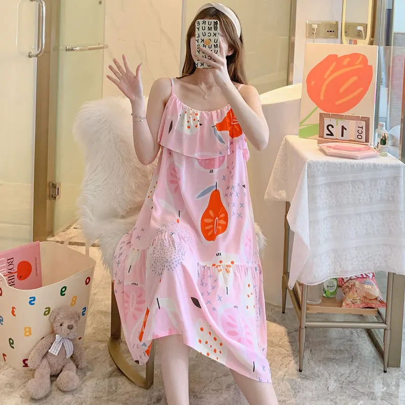 Summer Pajamas For Women Nightdress Suspender Sexy Backless Cotton Silk Printed Home Clothes Nightdress