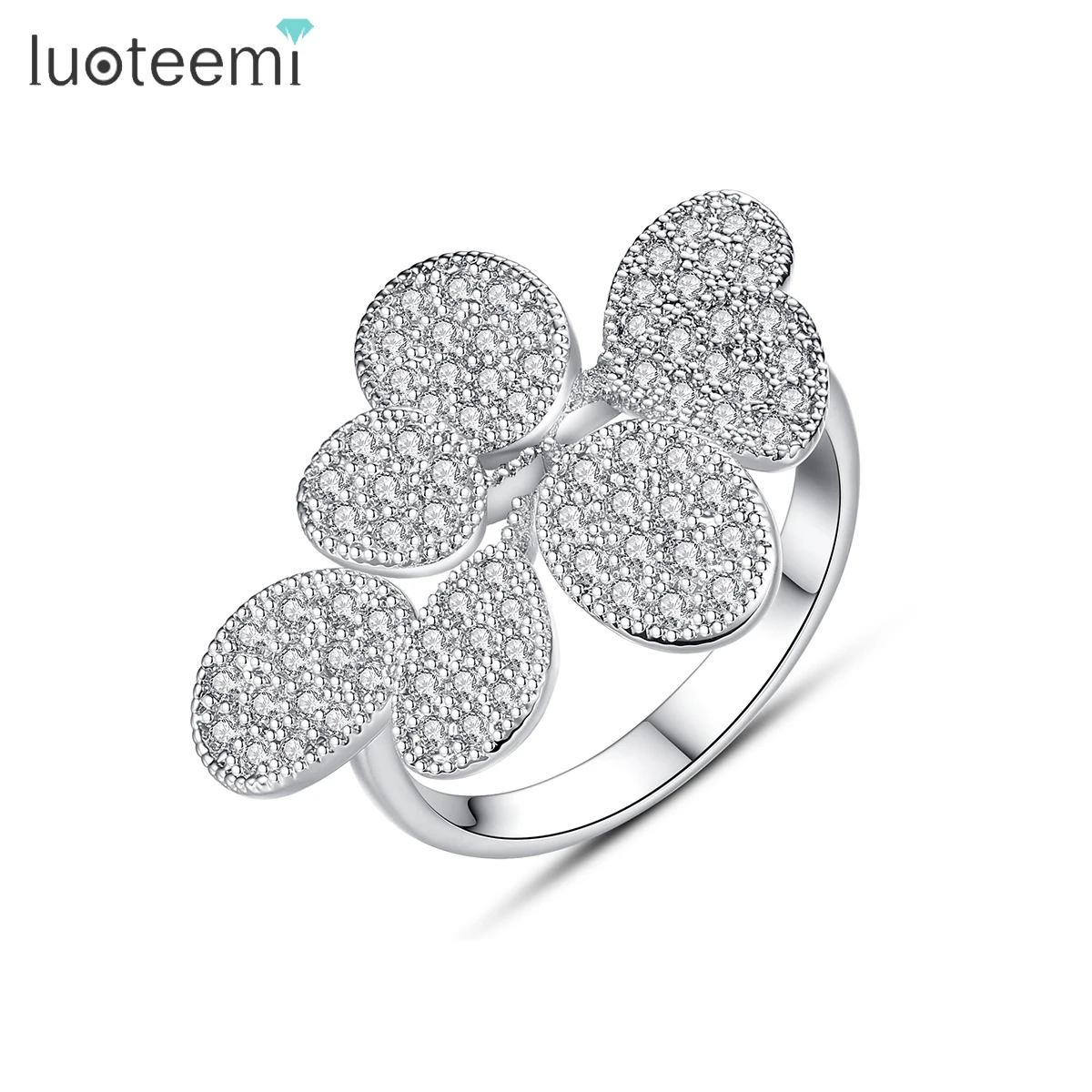 

LUOTEEMI Elegant CZ Flower Ring For Women Luxury Lady Cubic Zirconia Paved Resizable Open Finger Rings Party Jewelry Pierscionek