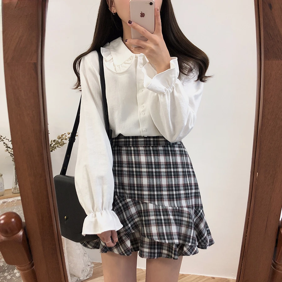 

Long Flare Sleeve Blouses Women Peter Pan Collar Preppy Style Students Sweet Teens Leisure Sun-proof Chic Retro Simple All-match