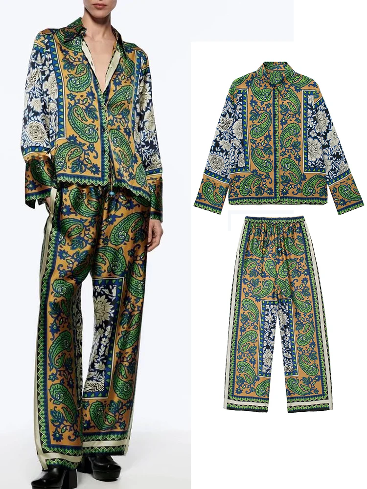 

2022 Women 2 PCS Pants Shirts Sets Fashion Printed Blouse Casual Long Sleeve Female Soft Turn Down Collar Pants Outwear Tops