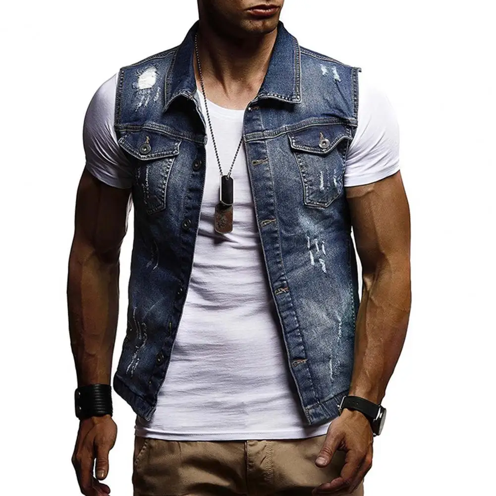 

2022 Men Waistcoat Solid Color Cardigan Flap Pockets Firm Stitching Washed Ripped Sleeveless Classic Men Denim Coat Men Clothes