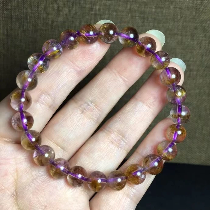 

Genuine Natural Purple Cacoxenite Gold Rutilated Quartz Bracelet 7.5mm Auralite 23 Women Round Beads Gold Rutilated AAAAAA
