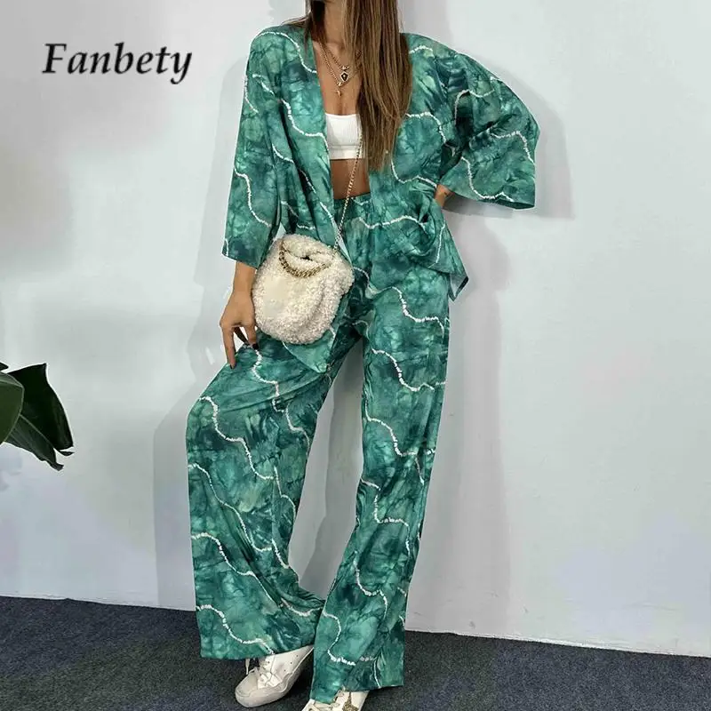 

Fashion Wave Print Ladies Set Casual Long Sleeve Cardigan and Pants 2pcs Set New High Waist Wide Leg Pants Women Matching Suit