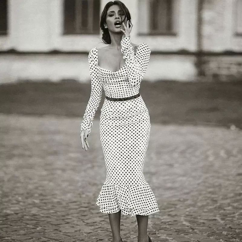 

Elegant White Knotted Strap Polka-dot Mermaid Hem Summer Pencil Midi Dress Women Slim Bodycon Office Lady Ruffle Dresses 2021New