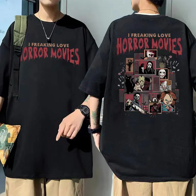 

I Freaking Love Horror Movies T-shirt Vintage 90s Halloween Scary Character Spooky Series Movie Ghostface Chucky Tshirt Men Tees