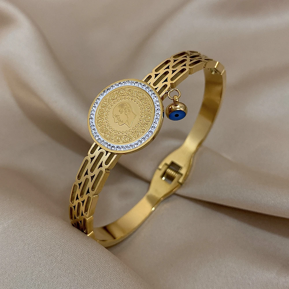 Браслет-манжета из нержавеющей стали с инкрустацией