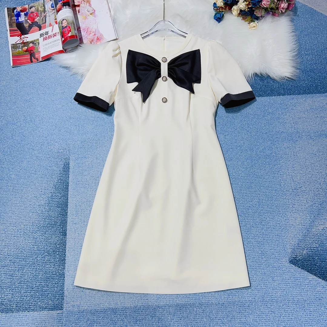 New women's clothing for spring and summer 2023 Apricot Stitching Collar Bow Dress 0301