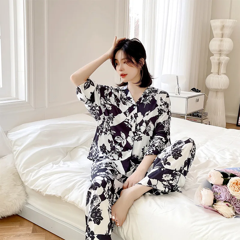 

Black Pajamas Suit 3/4 Sleeve Nightgown Sleep Set Print Nightwear Home Wear Female Sleepwear Intimate Lingerie 2PCS Tops&Pants