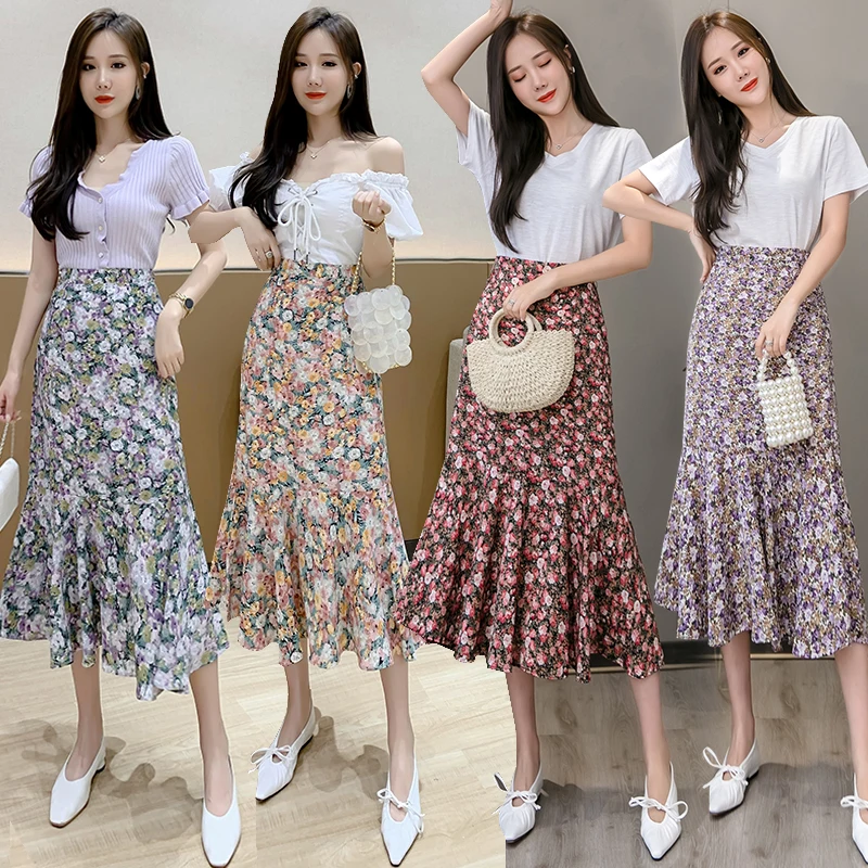 

2022 autumn women's chiffon high waist floral A-line skirts fishtail mid-length casual holiday office lady chiffon dresses
