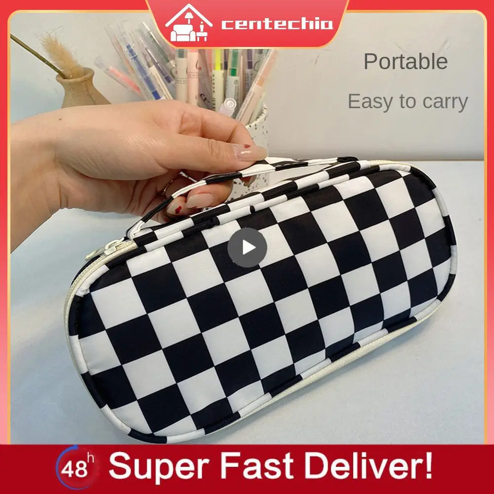 

Portable Pen Holder Organizer Simple Pen Storage Bag Chessboard Checkerboard Pencil Bag Case Large Capacity Students Gifts
