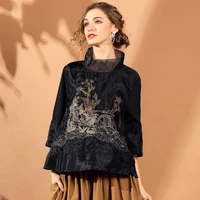 elegant womens blouse chinese new fashion runway shirt chic embroidered loose gauze shirt stand collar retro shirt tops quality
