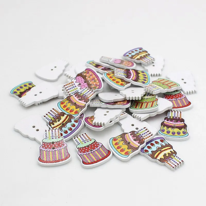 

50pcs/pack Wooden Buttons Birthday Cake Buttons Random Mixed 2 Holes Clothing Sewing Scrapbooking accessories botones 20mm-30mm