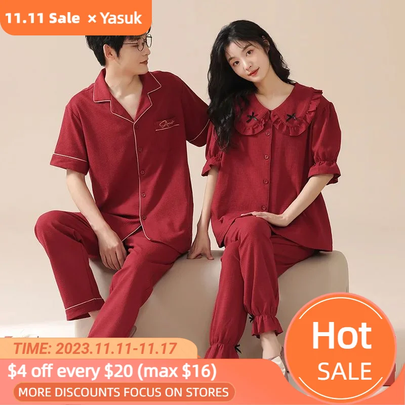 

Yasuk весенне-летняя женская мужская повседневная мягкая Пижама домашняя одежда Пижама для пар с брюками хлопковая кружевная Пижама с бантом красная унисекс