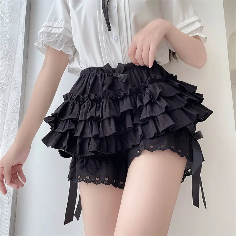Women Black White Ruffle Shorts Kawaii Lace Bowknot Lolita Pumpkin Panties Cute Safety Shorts Pants Vintage Victorian Bloomers