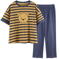 disney m 3xl loose cotton winnie the pooh pajamas sets womens outfits summer new casual striped tshirt and sheer pants suit lady