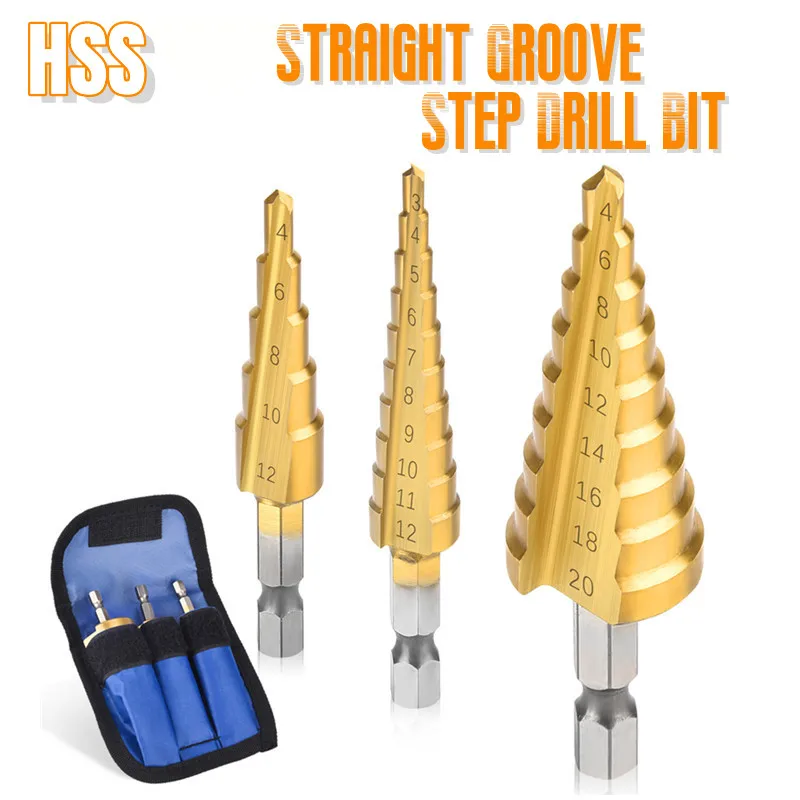 

3Pcs/set HSS Straight Groove Step Drill Bit Titanium Coated Wood Hole Saw Set Hex Shank Pagoda Drill Metal Drilling Power Tools