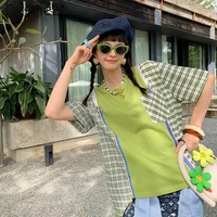 summer original green plaid patchwork tshirt top harajuku loose pullover round neck zipper t shirt aesthetic clothes tees