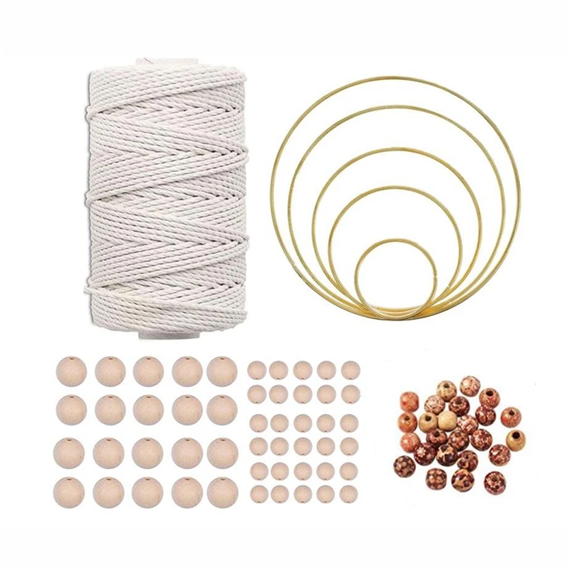 

Macrame Cord Natural Cotton Rope 3Mm With Macrame Ring Wooden Bead For DIY Teether Macrame Kit Wall Hanging Plant Hanger